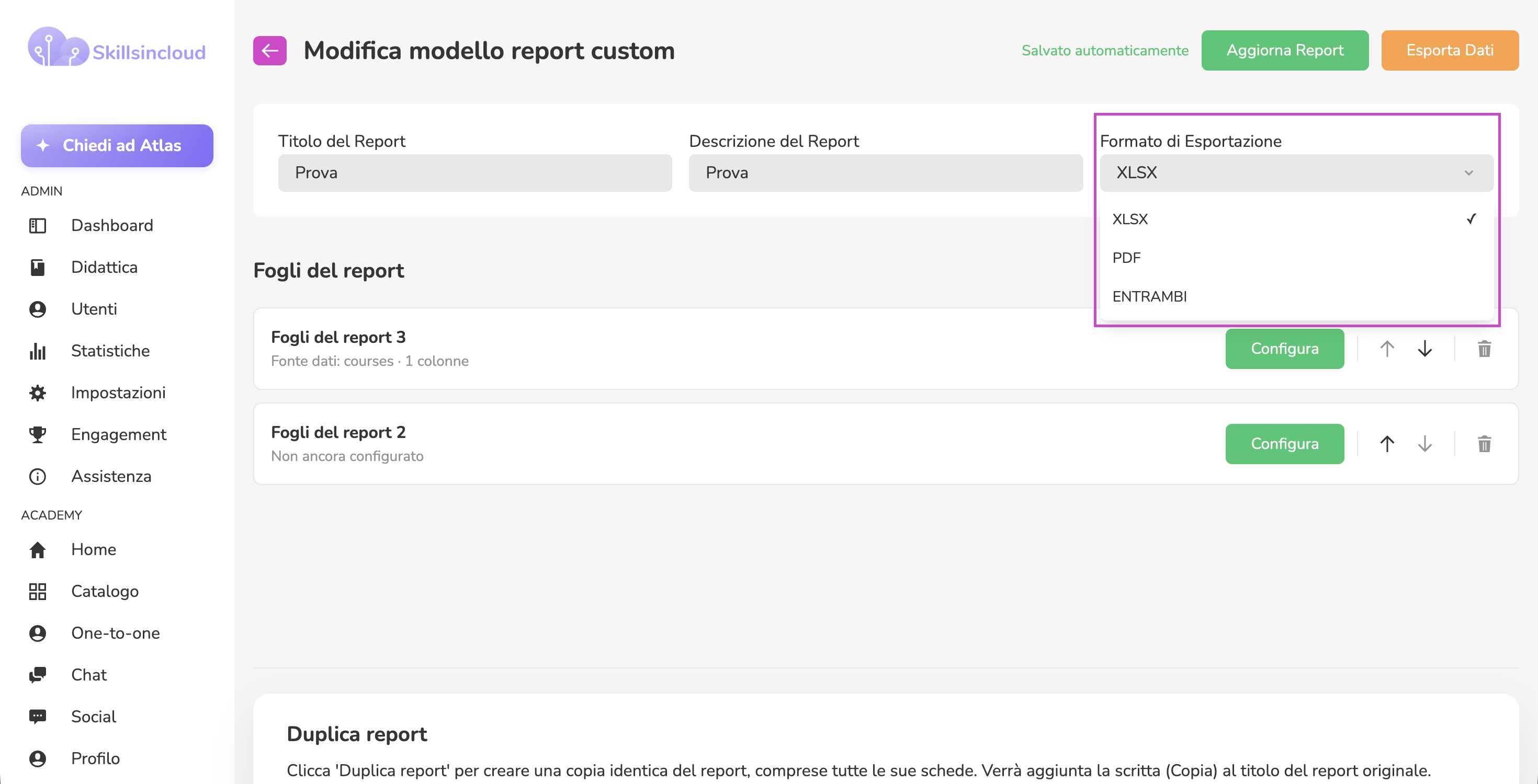 Scelta del formato di esportazione del Report Custom