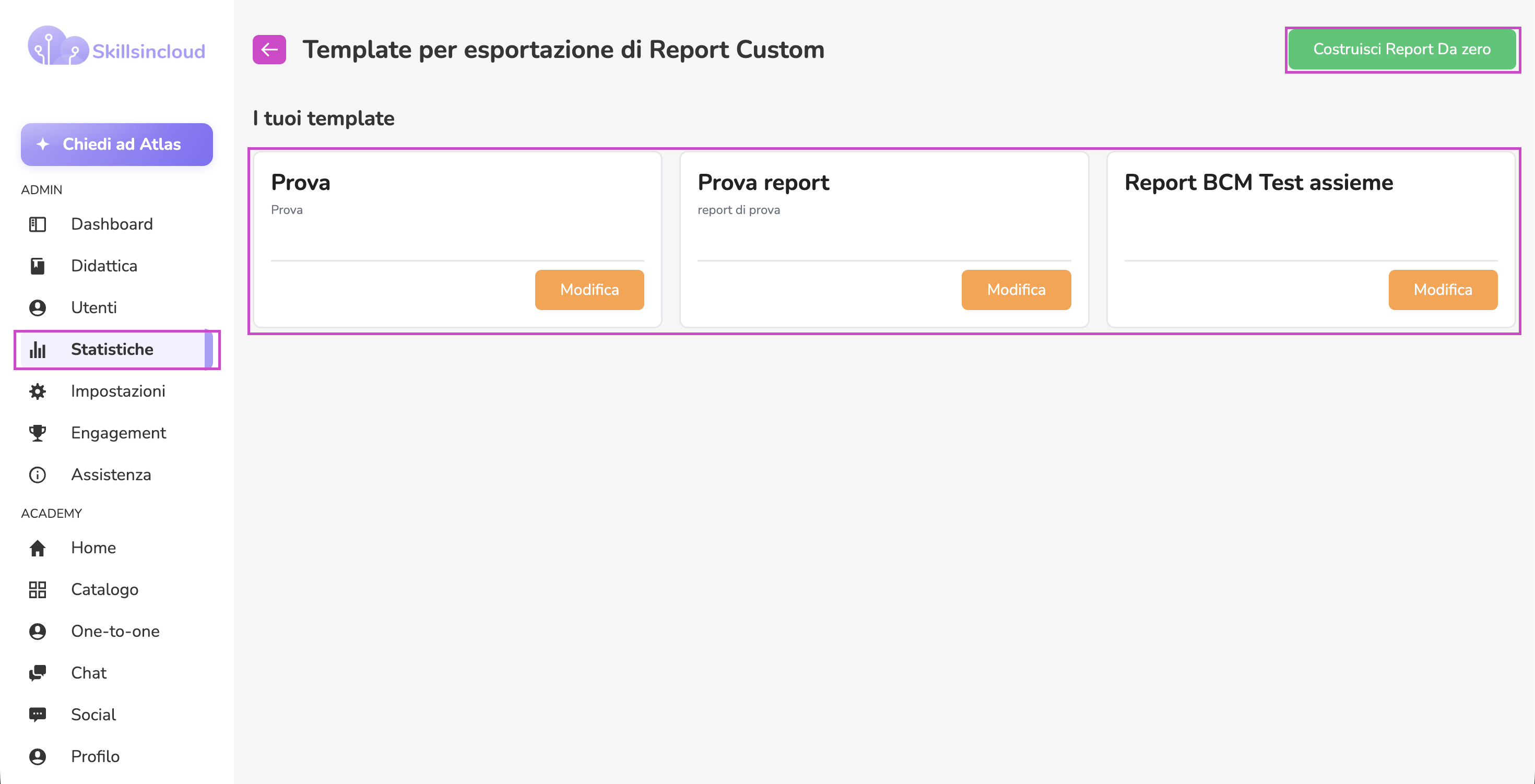 Sezione per la creazione di report custom