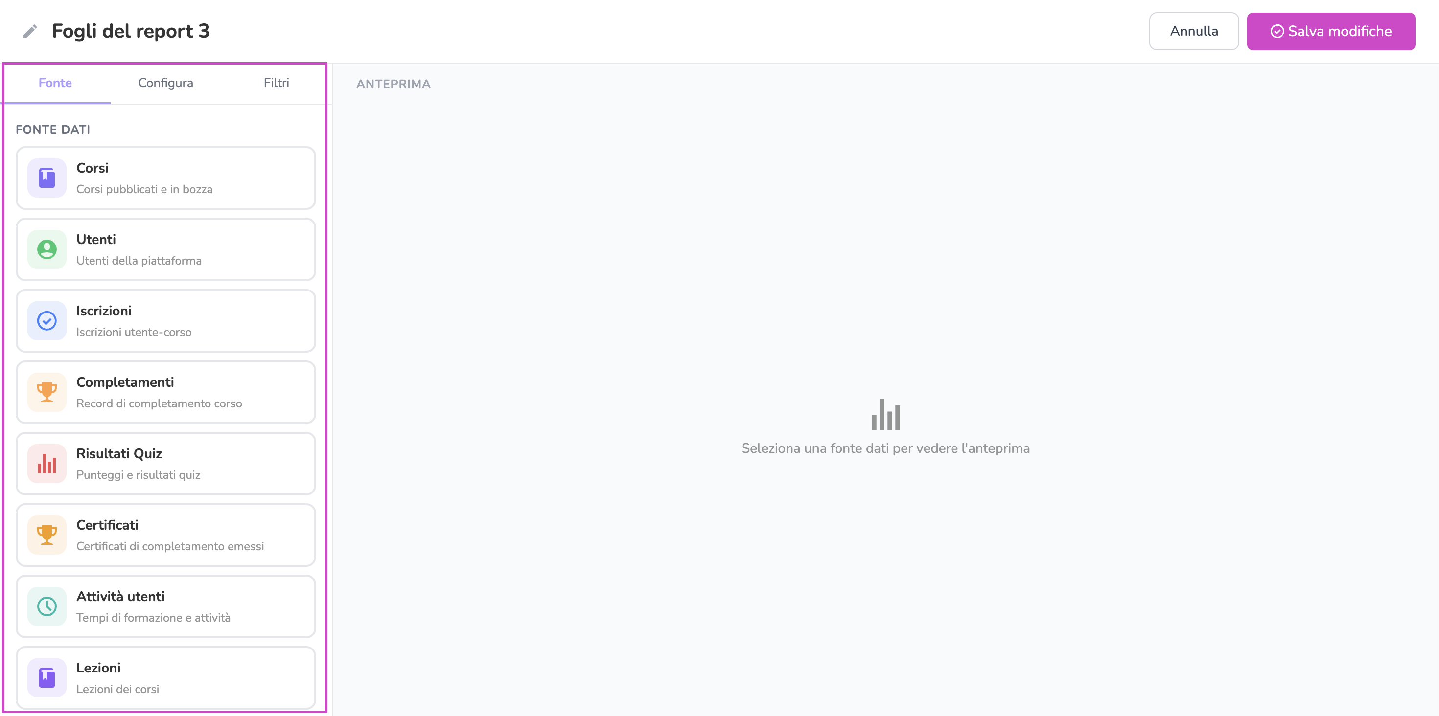 Selezione della fonte dati per un foglio del Report Custom