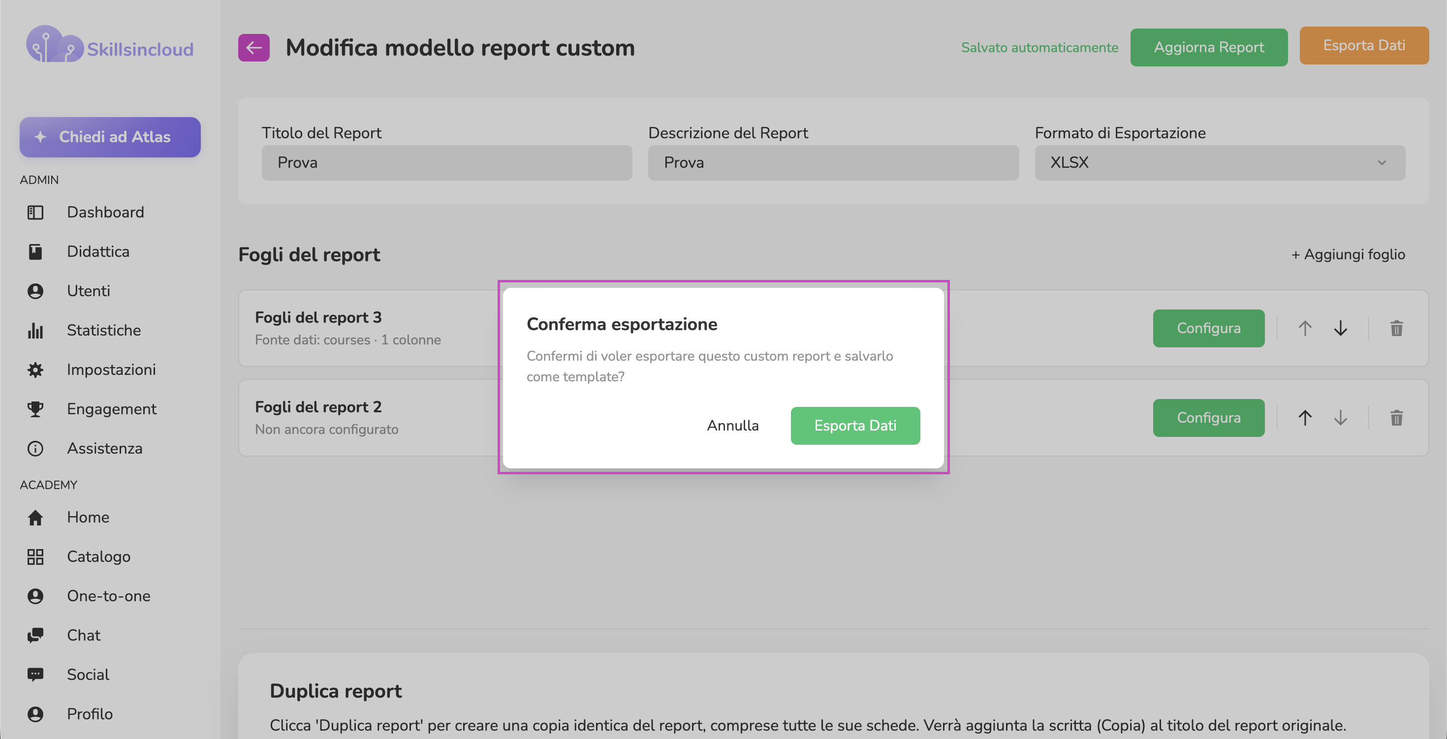 Conferma di esportazione di un Report Custom