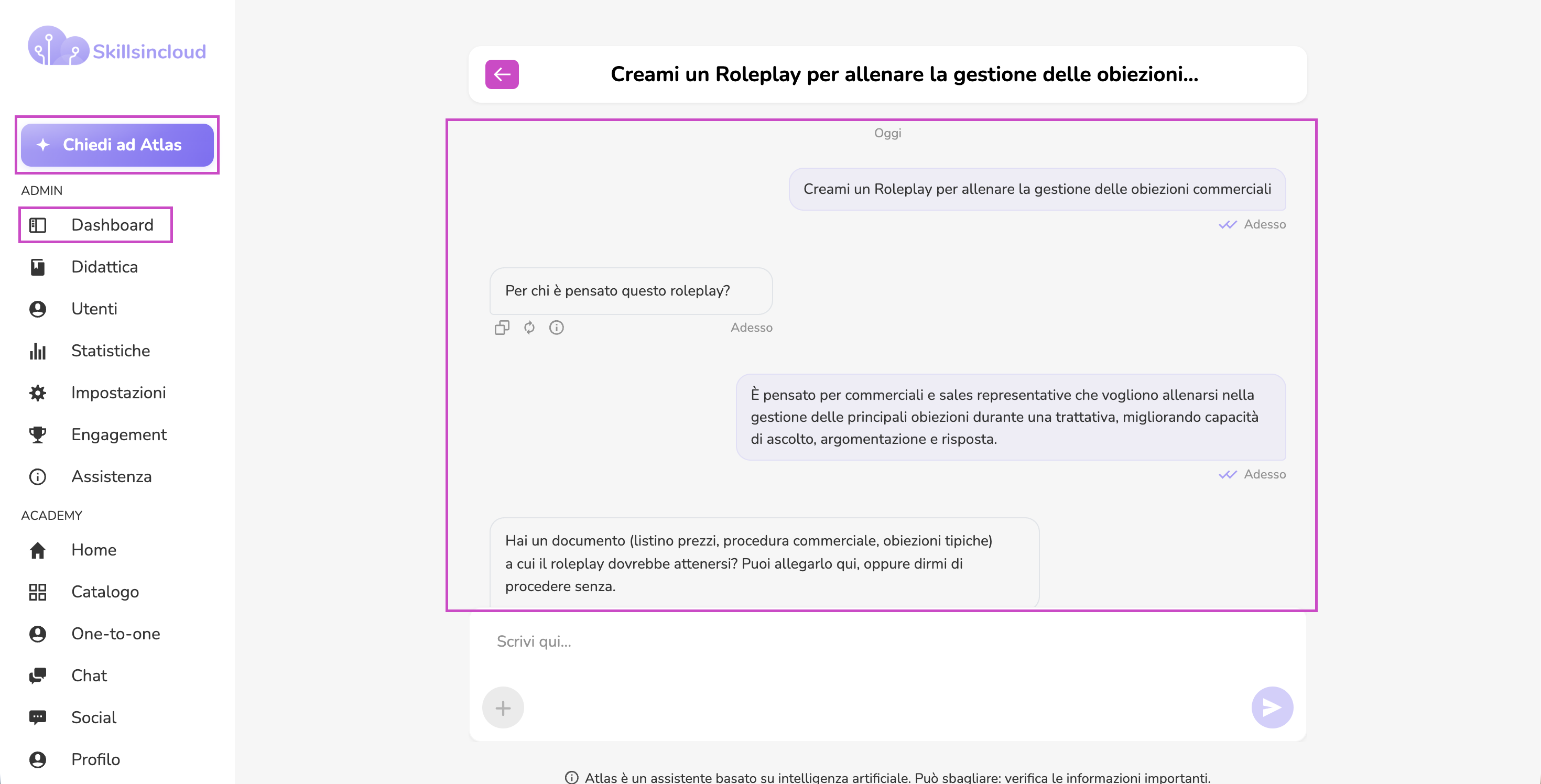 chat del brief iniziale per generare uno scenario Roleplay con Atlas