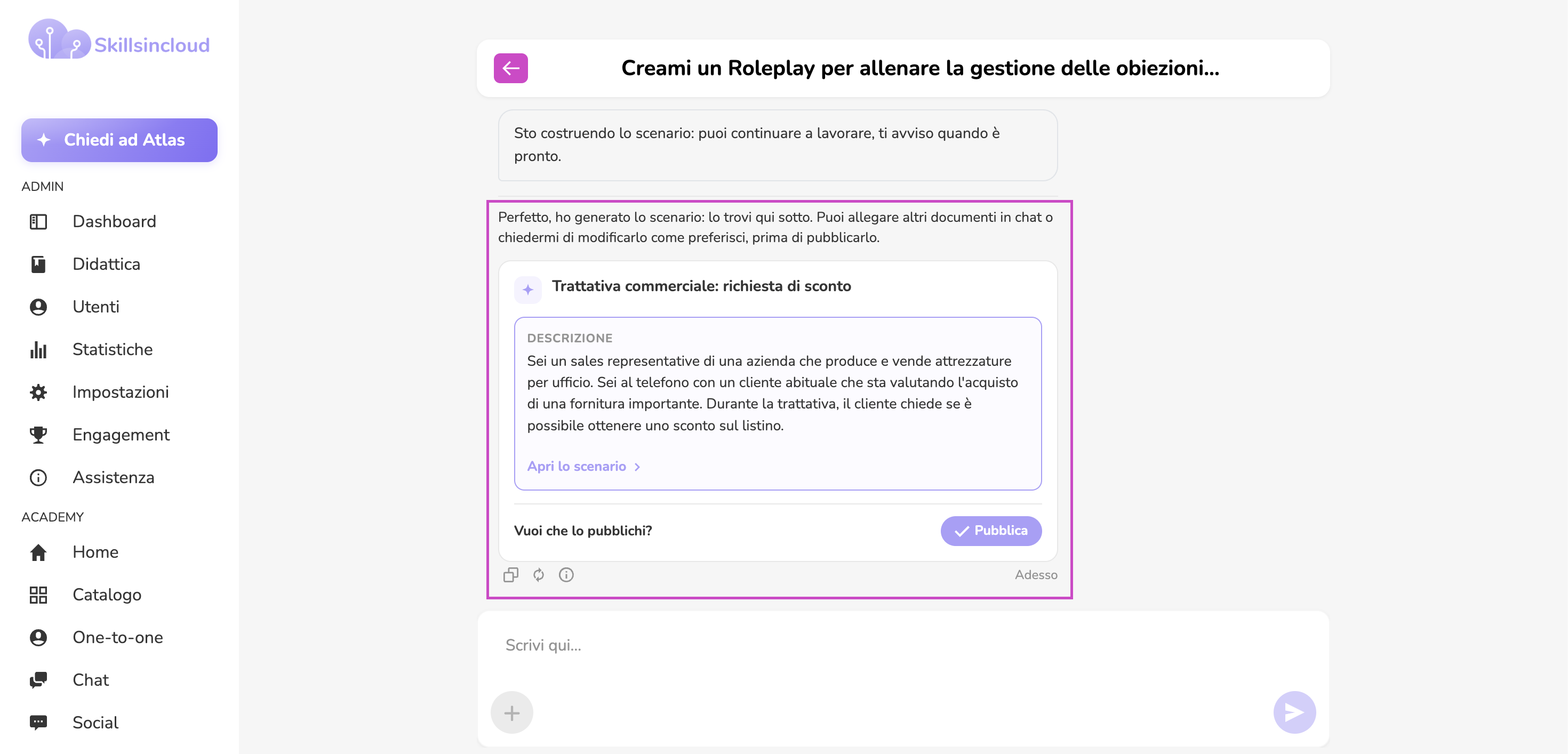Scheda di anteprima della bozza di Roleplay generata da Atlas