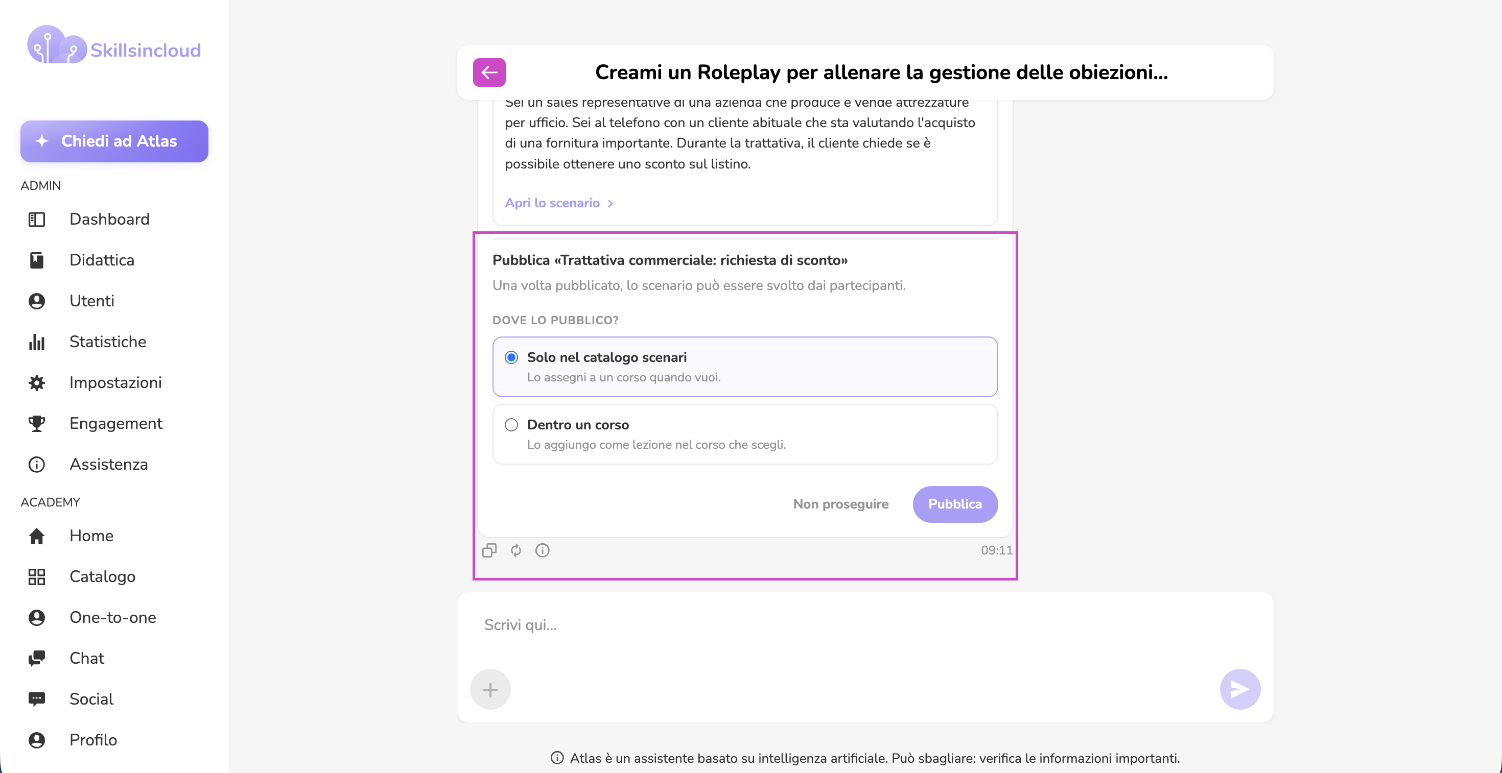 Scheda di conferma per la pubblicazione di uno scenario Roleplay generato da Atlas