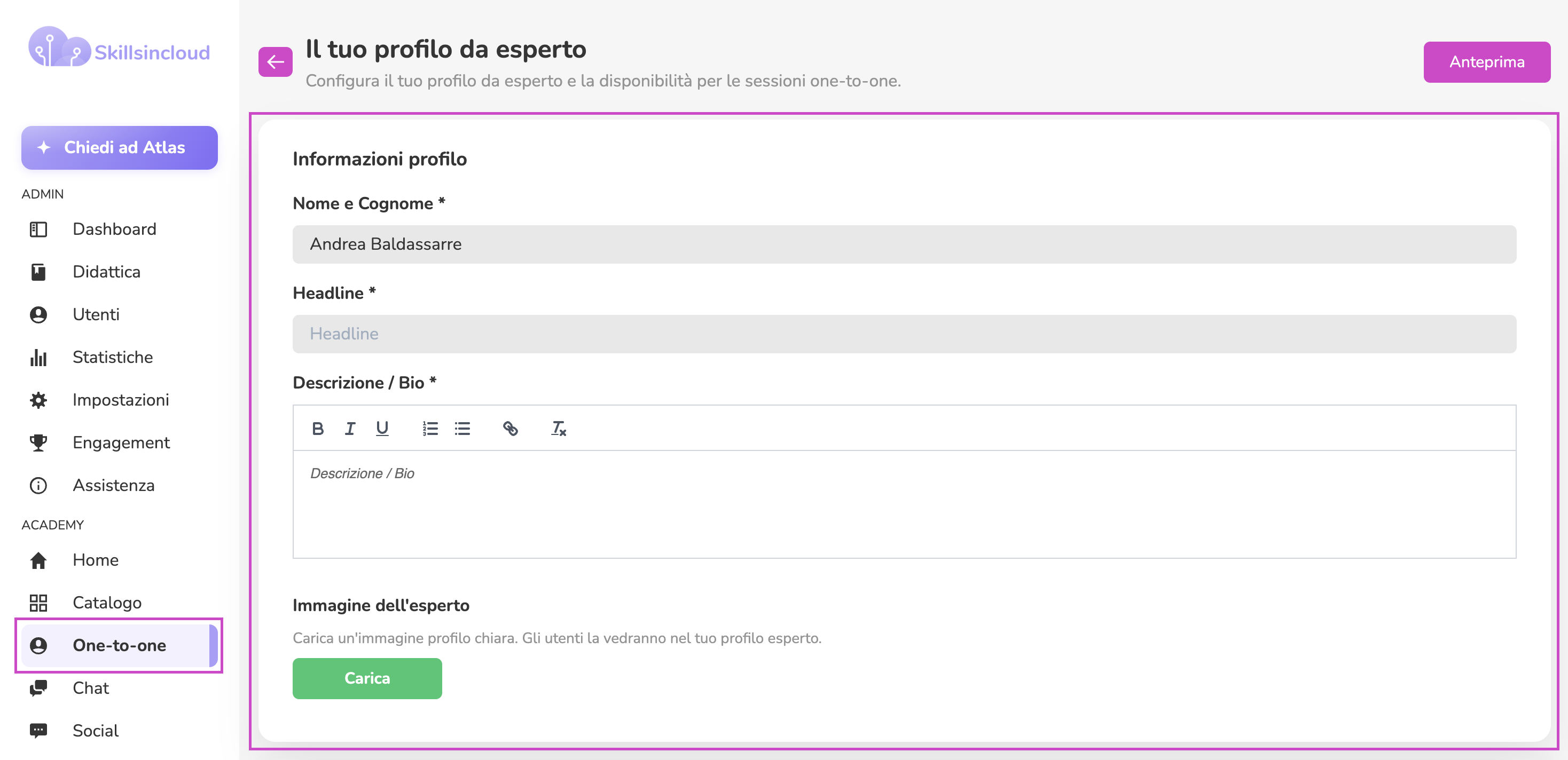 Compilazione del profilo pubblico di un esperto One-to-One