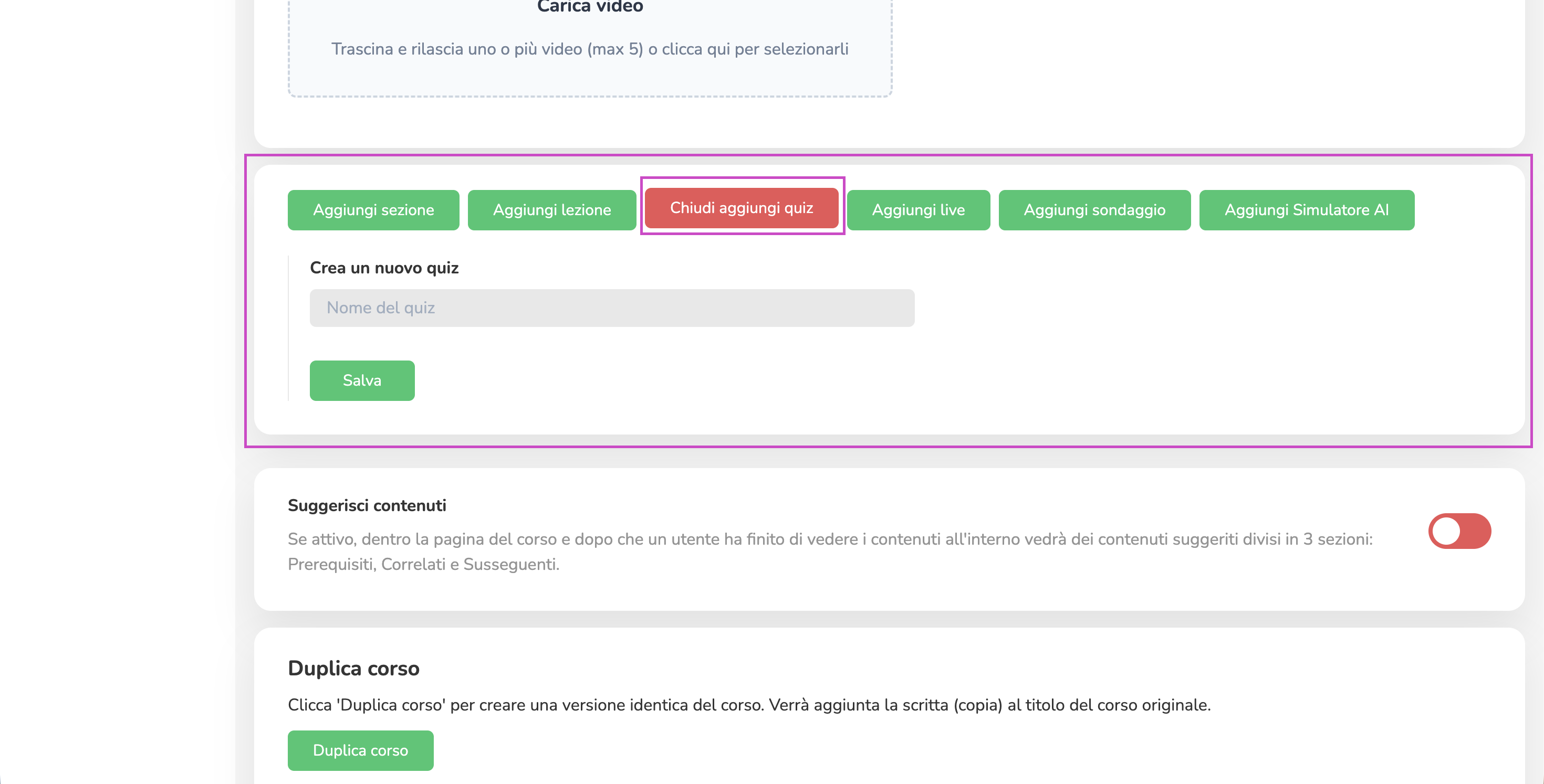 Editor della lezione con il builder del quiz aperto