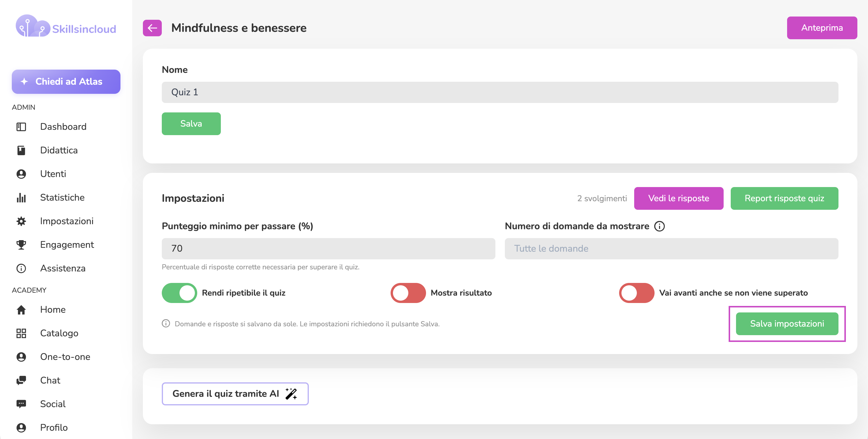 Pulsante Salva impostazioni nel builder del quiz