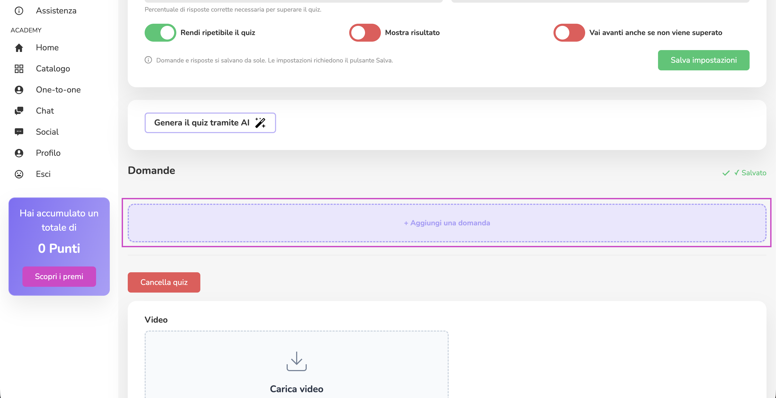 Pulsante Aggiungi una domanda nel builder del quiz