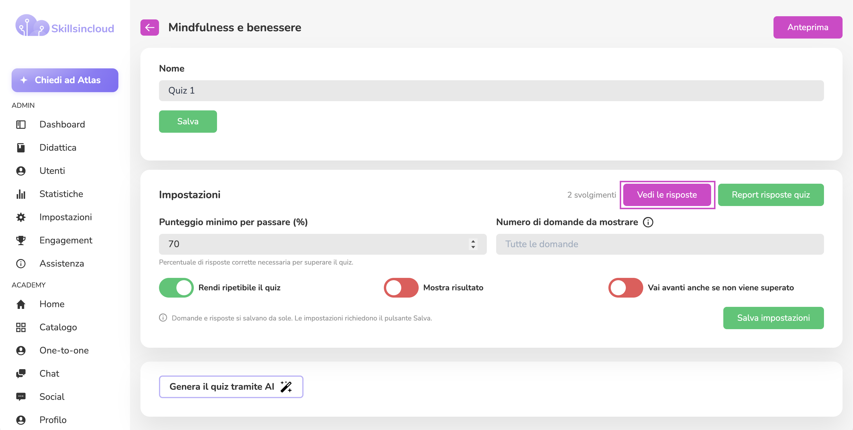 Link Vedi le risposte nel builder del quiz