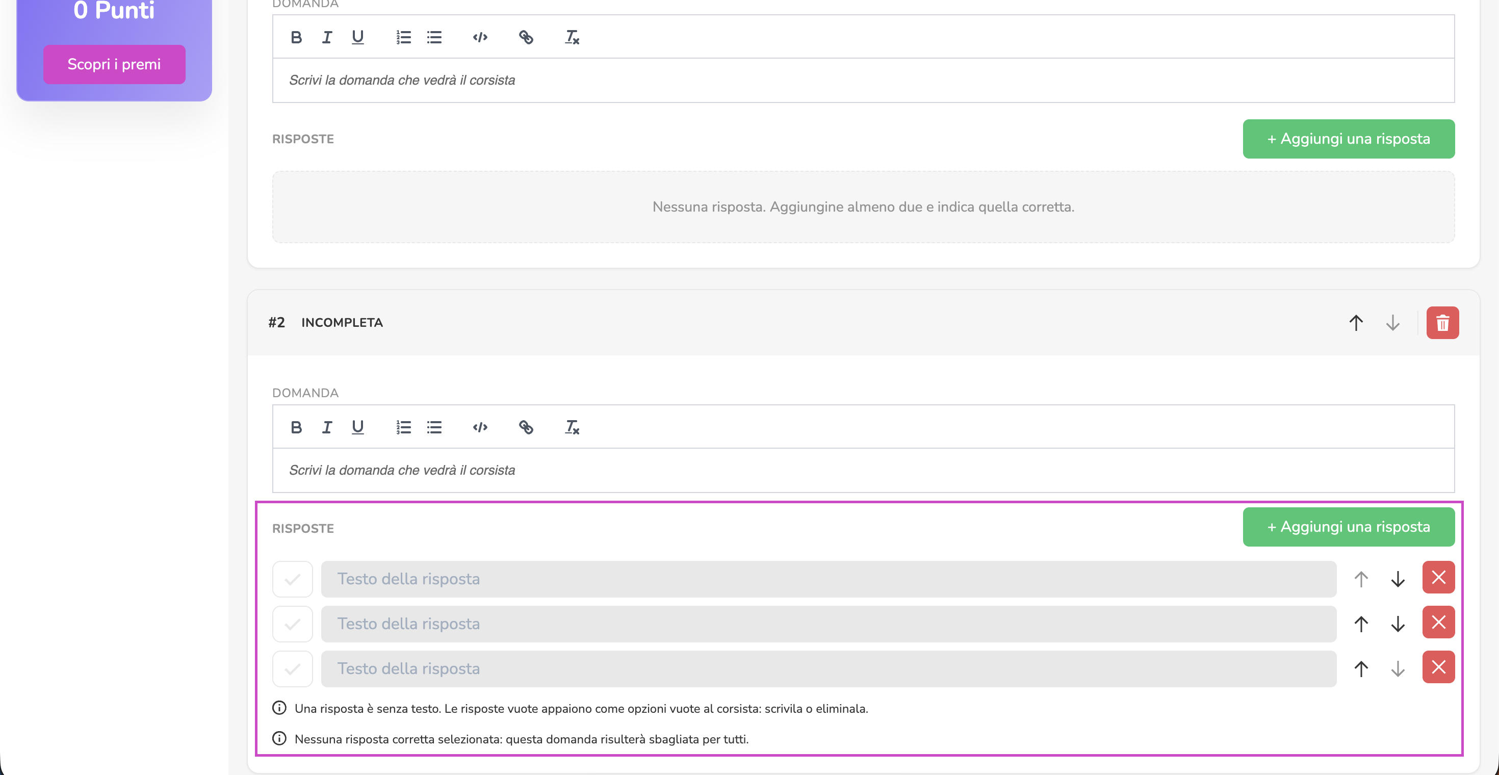 Elenco delle risposte di una domanda nel builder del quiz