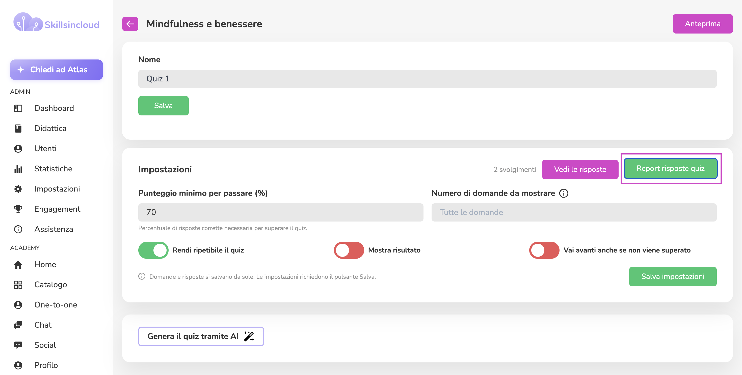 Link Report risposte quiz nel builder del quiz
