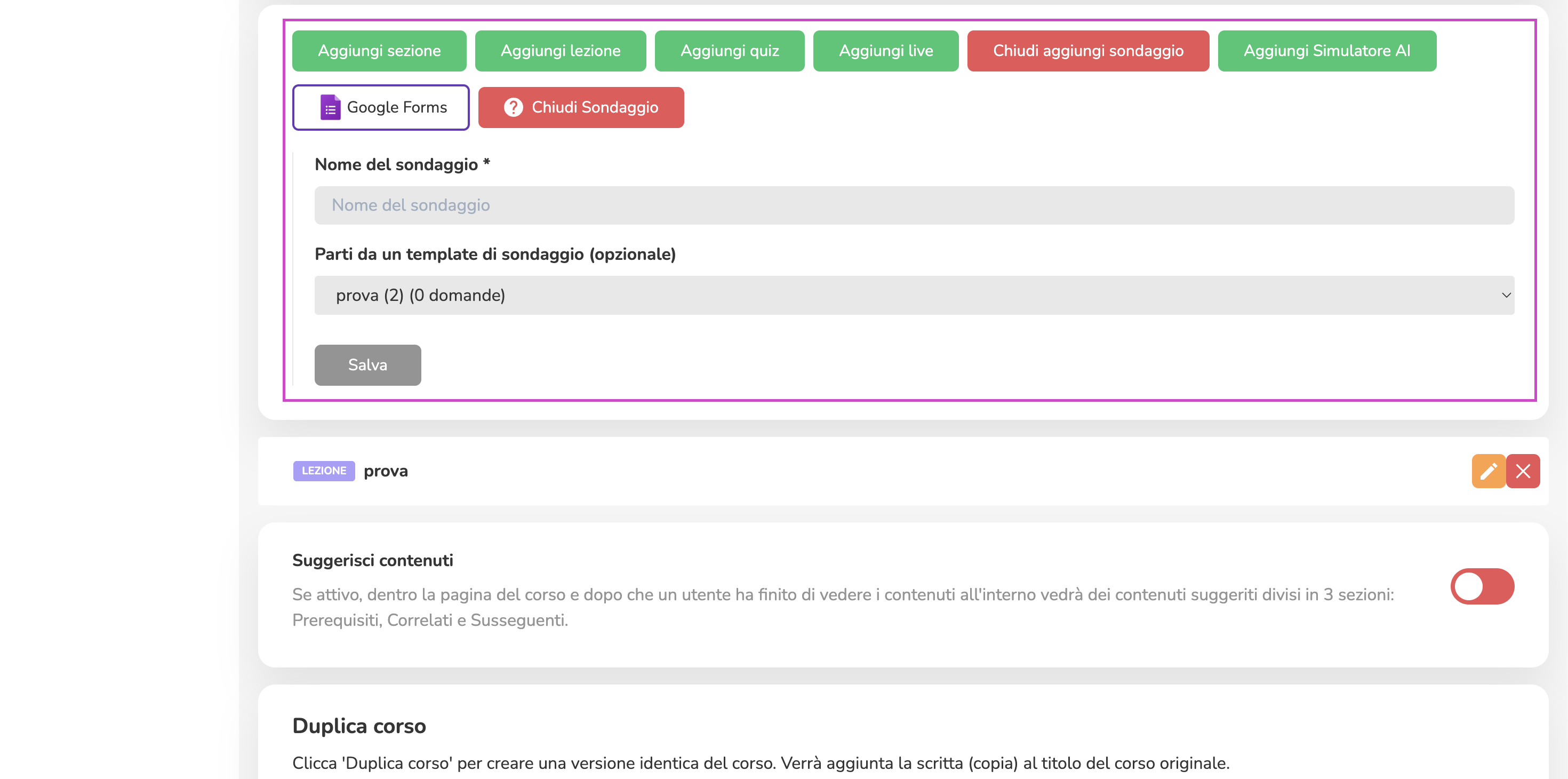 Pannello di creazione di un nuovo sondaggio con selezione template opzionale