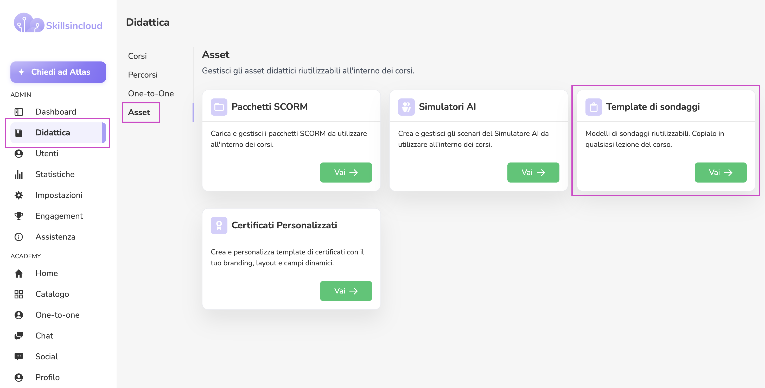 Card Template di sondaggi nella pagina Asset dell'area Didattica