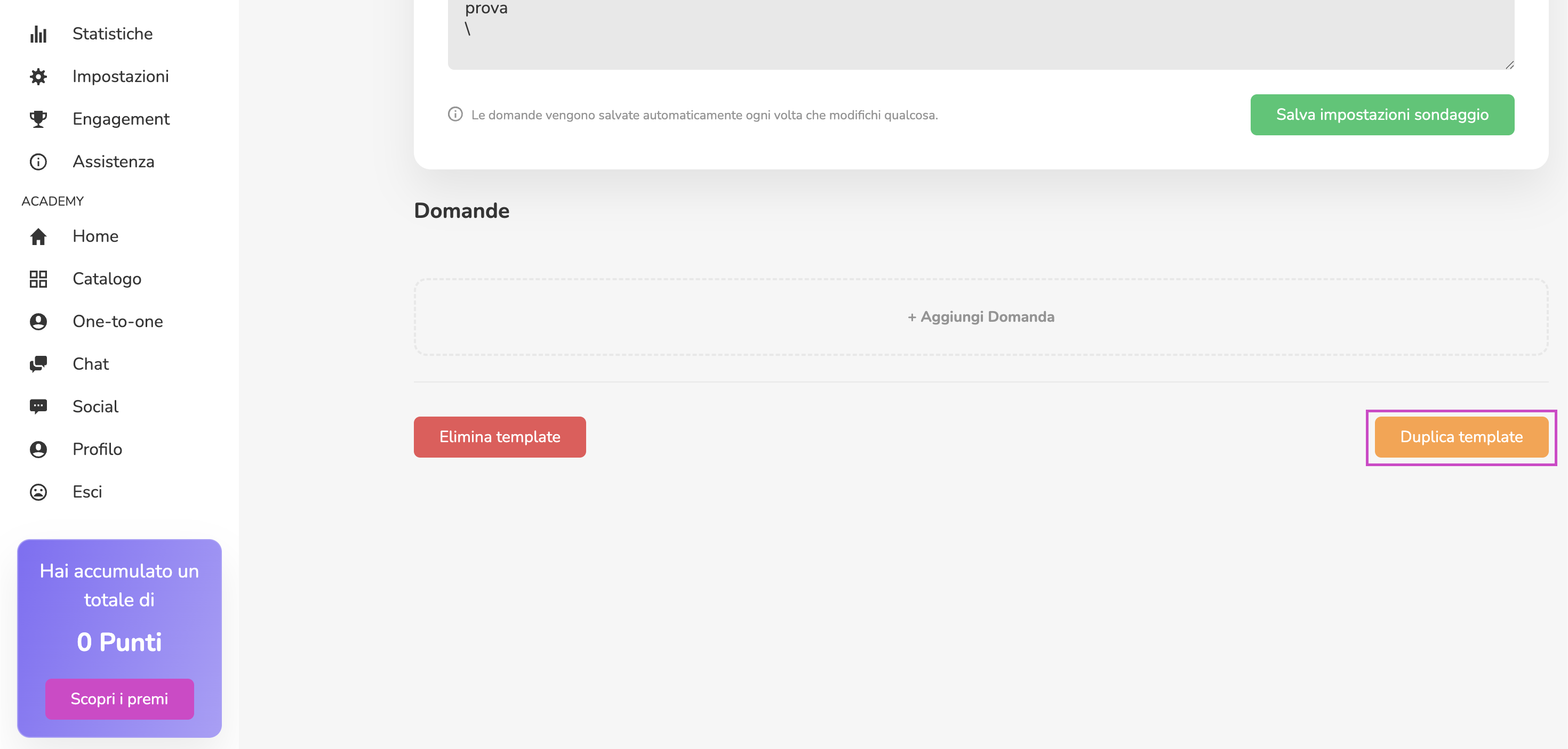 Pulsante Duplica template nella pagina di un template di sondaggio