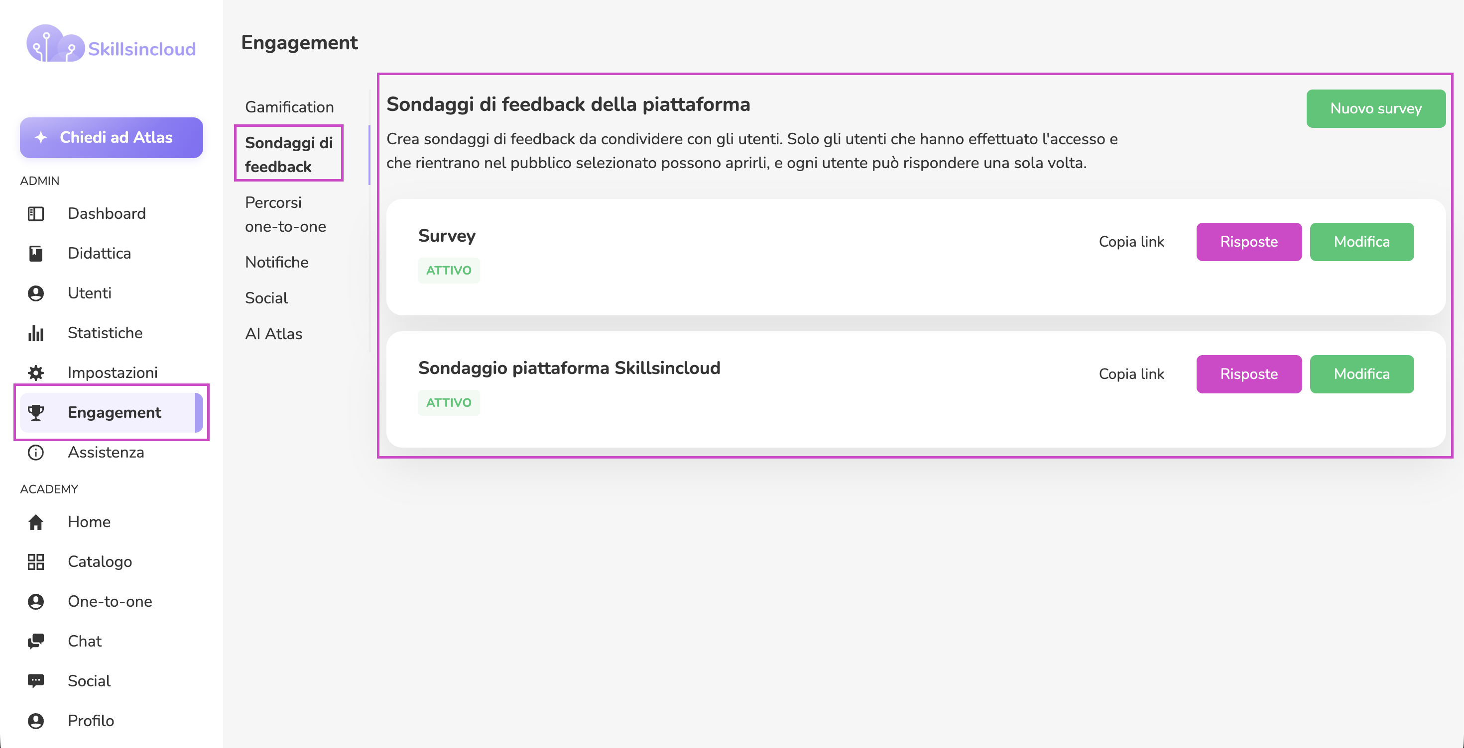 Editor delle domande di un sondaggio piattaforma con gli otto tipi disponibili