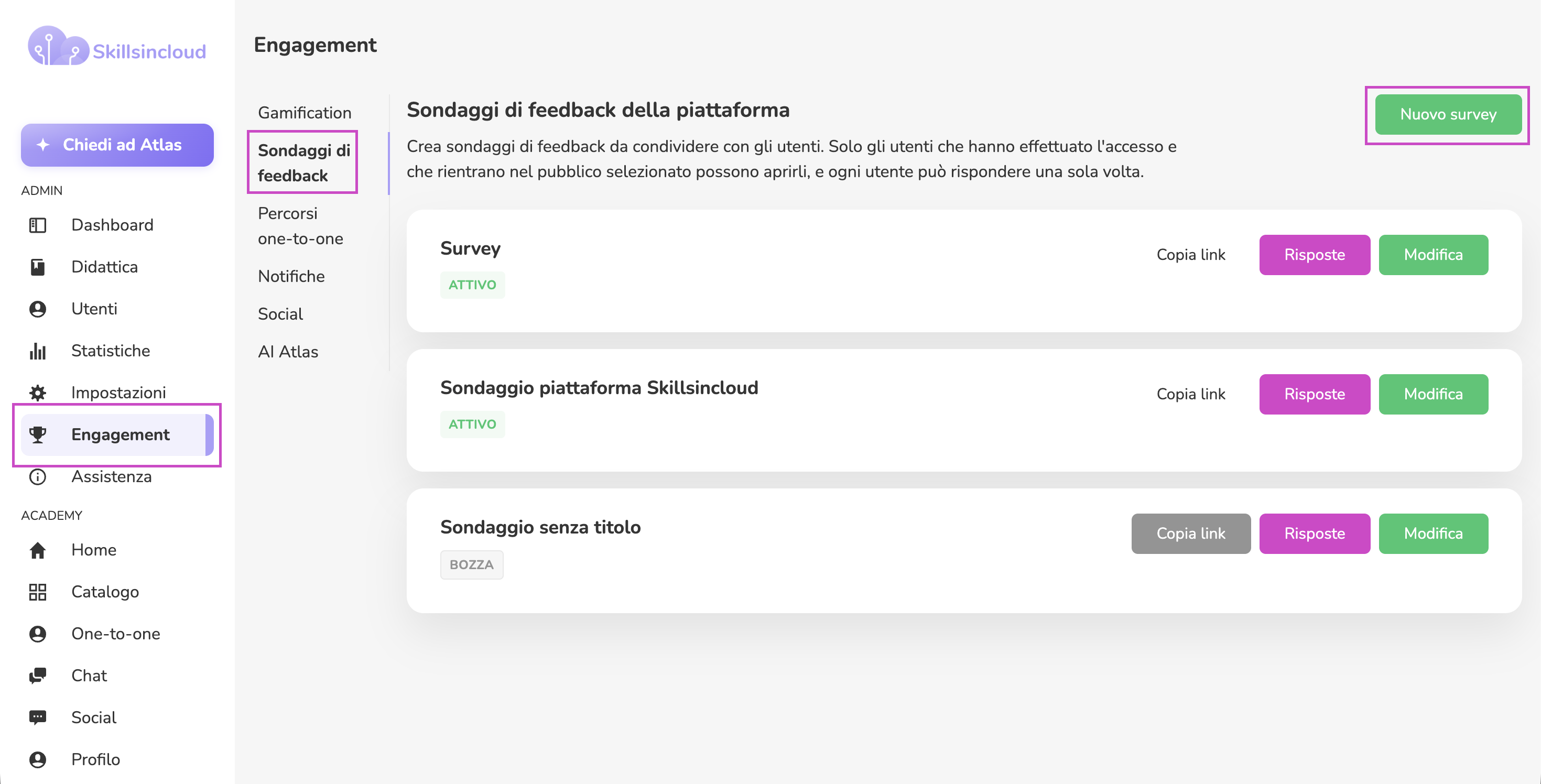 Elenco dei sondaggi piattaforma con pulsante Nuovo survey