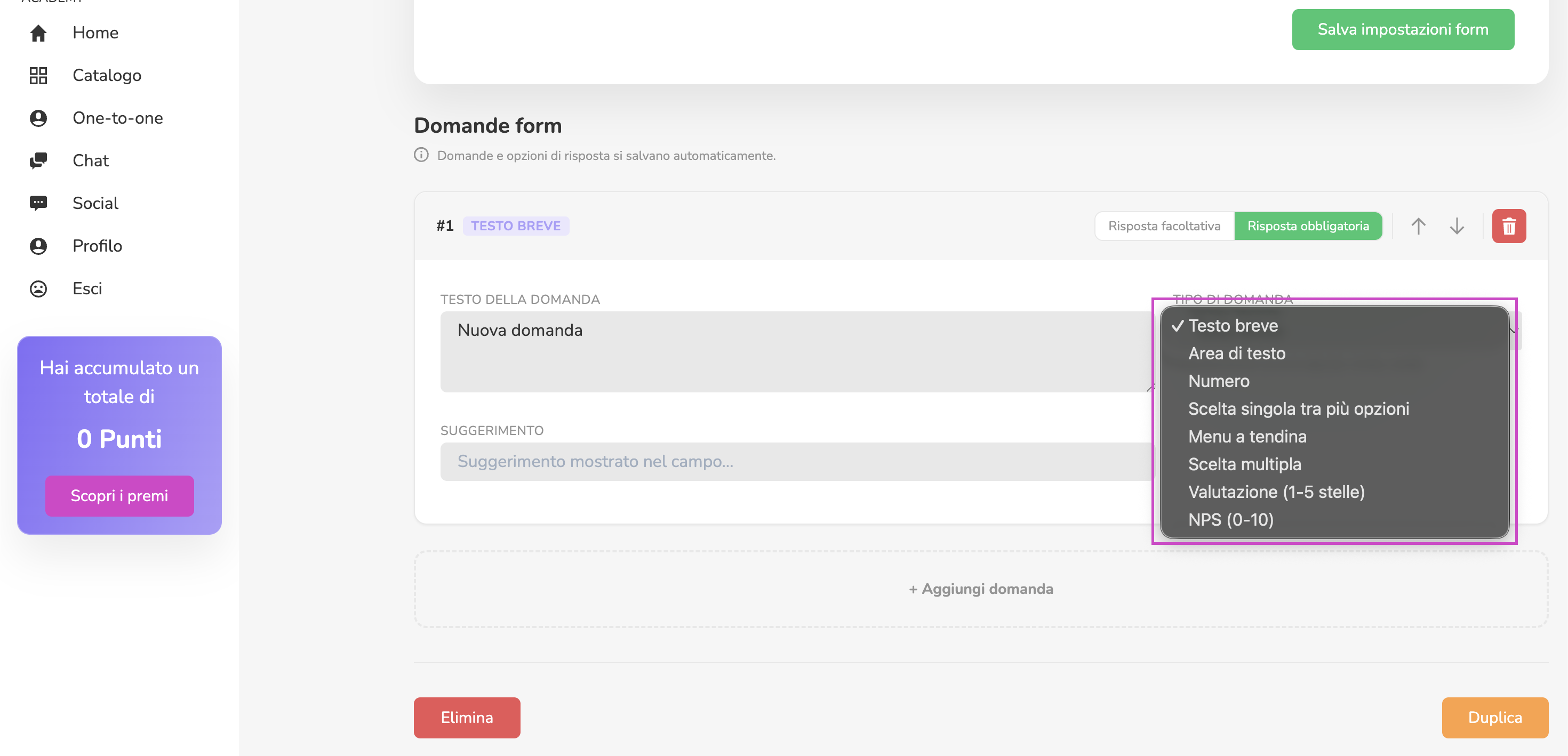 Editor delle domande di un sondaggio piattaforma con gli otto tipi disponibili
