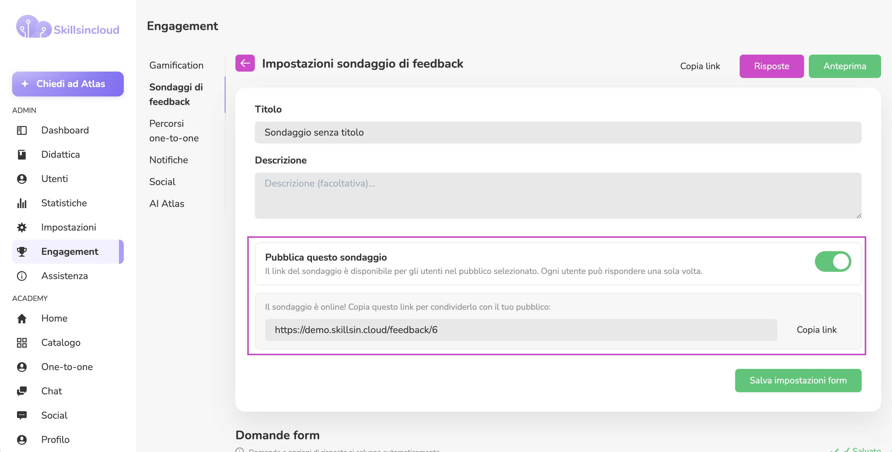Pulsante Copia link di un sondaggio piattaforma pubblicato