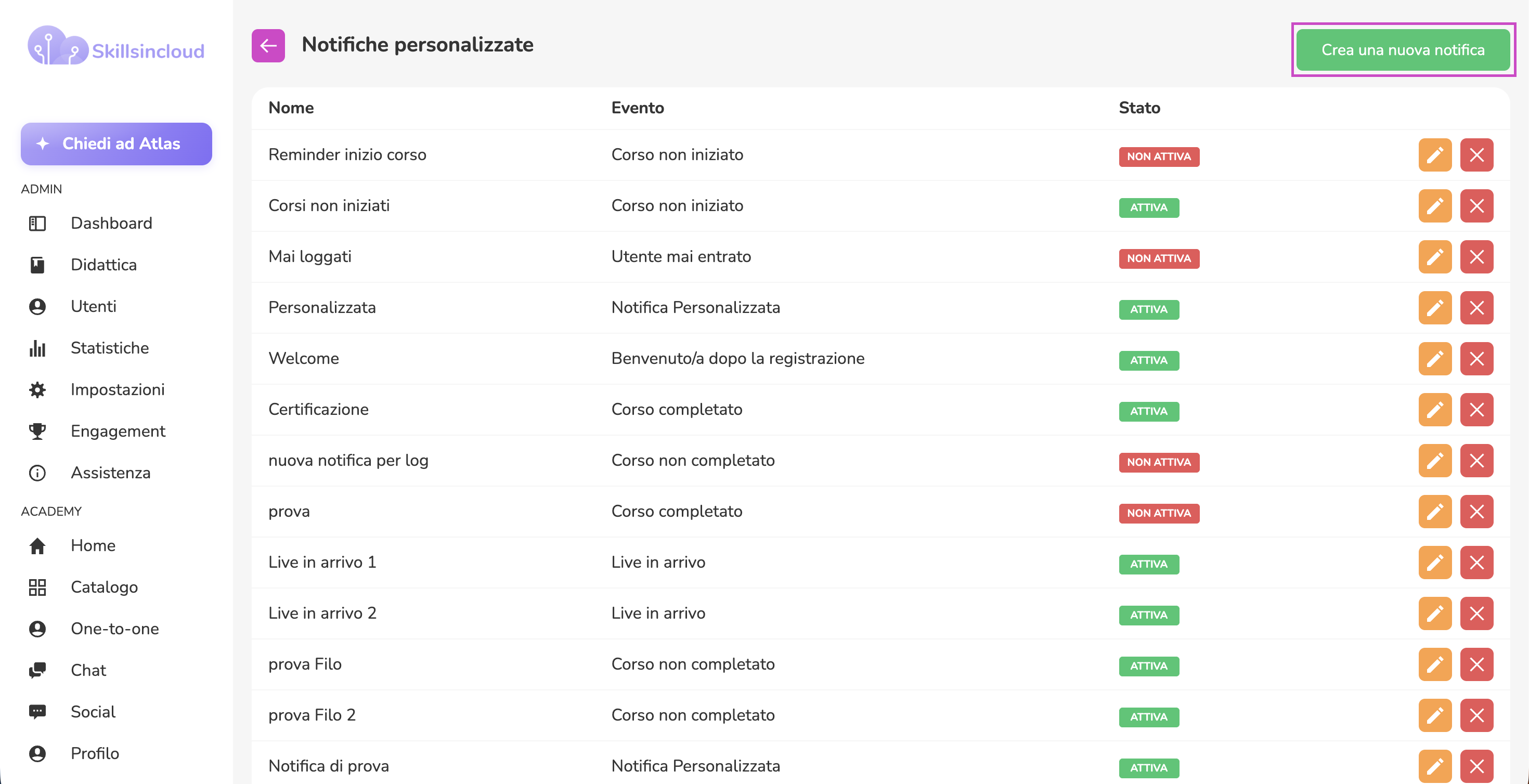 Elenco delle notifiche personalizzate con pulsante Crea una nuova notifica