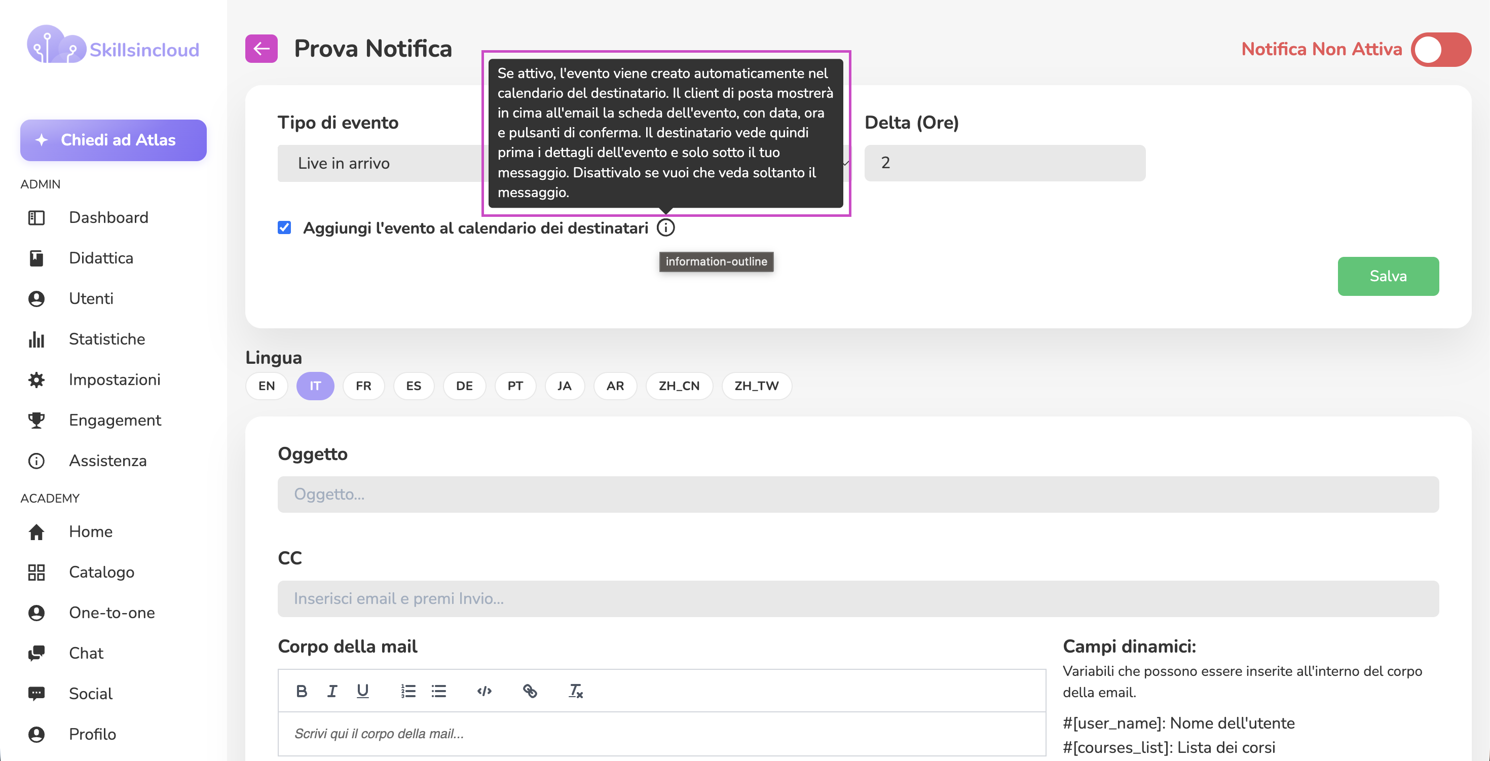 Casella Aggiungi l'evento al calendario dei destinatari con tooltip aperto