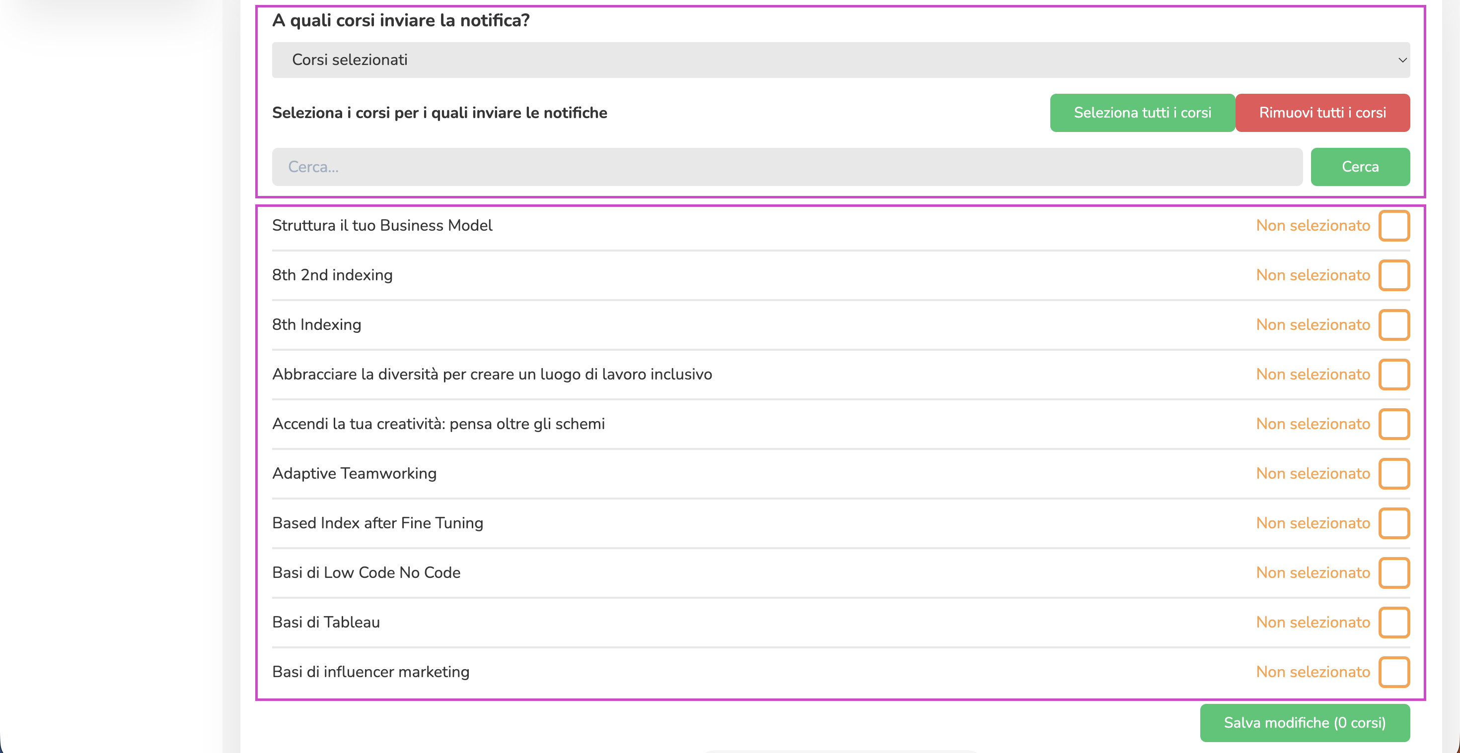 Selettore dell'ambito corsi per la notifica Live in arrivo