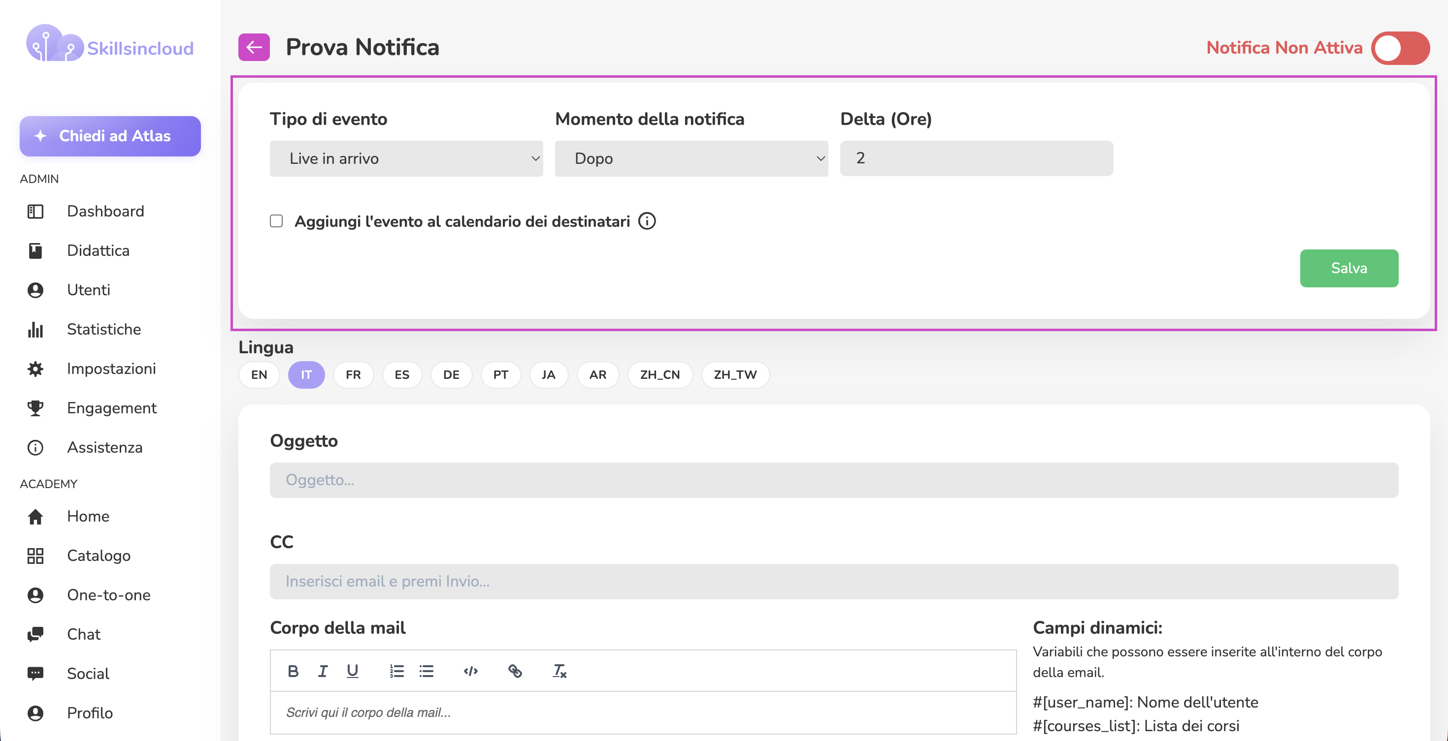 Form di composizione del messaggio con elenco dei campi dinamici per Live in arrivo