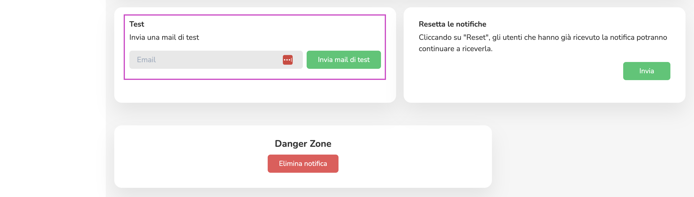 Riquadro Test con pulsante Invia mail di test